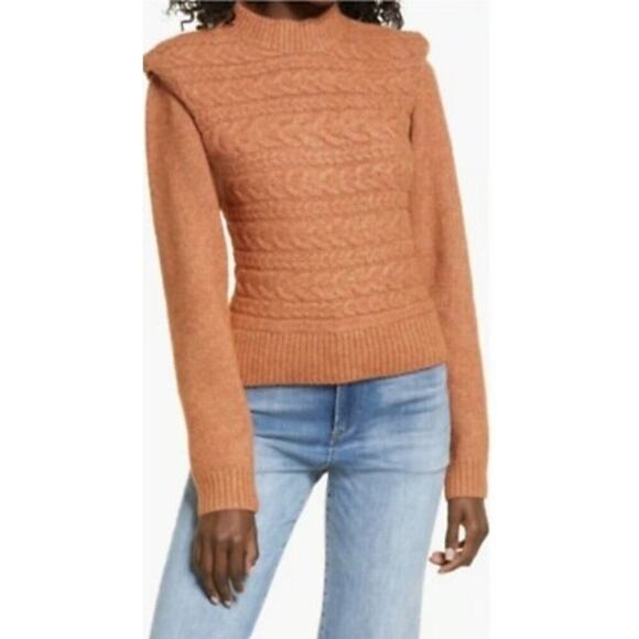 Blank NYC Women's Bronze Brown Cable Knit Crewneck Sweater Shoulder Pads SZ Med - Picture 1 of 4